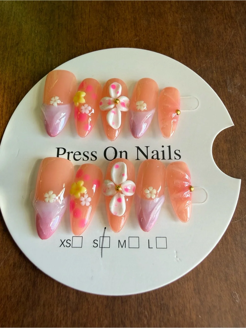 Peach Pink Floral 3D Press-On Nails - Women